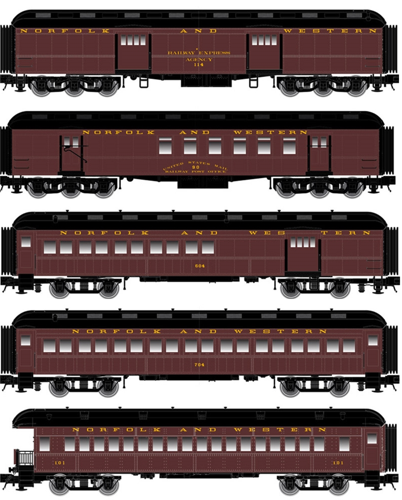 50005130 60' Passenger Car Norfolk and Western 5Pack Trainman N Scale