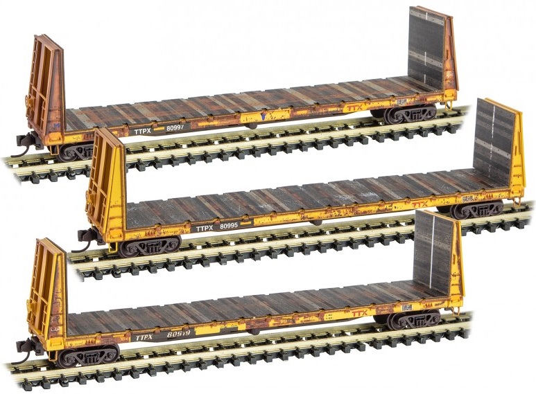993 05 560 Weathered Bulkhead Flat Car 3 pack TTX N Scale